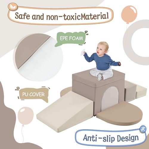 Merax Indoor Soft Foam Tunnel Climber, Toddler Climbing Toys with Tunnel | Soft Climb and Crawl Playset Baby Soft Foam Blocks with Steps and Ramp, 7-piece - color: Cappuccino