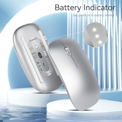 TENMOS M18 Bluetooth Mouse, USB C Rechargeable Wireless Mouse,Silent-Silver | Tri-Mode BT5.1/5.0+2.4G, Quiet Click, Portable, Battery Level Visible, USB Receiver,Type C Adapter, for Laptop/Macbook/iPad - color: silver