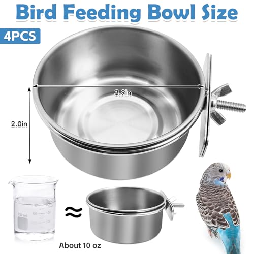kathson 4 Pack Stainless Steel Bird Bowls, Parrot Feeding Dish Cups with Clamp Holder Bird Feeders Water Cage Bowl for Parakeet Cockatiels Conure Budgies Lovebird Finch and Small Animals