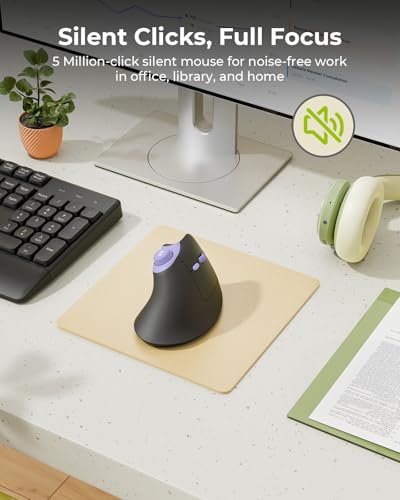 seenda MOU-302 Wireless Bluetooth Ergonomic Vertical Mouse with Volume Knob | Rechargeable 3-device mice for small/medium hands with quiet clicks, 1000/1600/2400 DPI for PC, laptop, MacBook, Black Purple - color: Black Purple