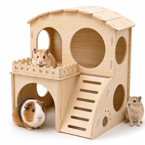 Large Guinea Pig Hideout Place, Double Layered Wooden Hamster House with ramp and Hamster Platform. Suitable for Hiding Places for Small Animals Such as Guinea Pigs, Hamsters, Rabbits, etc. - color: Castle