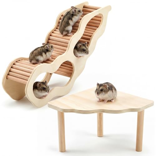 2 Pcs Wooden Hamster Platform with Ladder & Tunnel for Gerbils, Rats, Mice, Syrian Hamsters Burrowing Climbing, Hamster Cage Accessories, Habitat Enrichment Decor(Secret Peep Tunnel) - style: Secret Peep Tunnel
