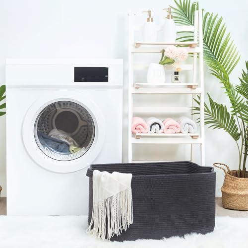 22in Extra Large Blanket Basket Holder Living Room, Rectangle Rope Woven Storage Basket with Handles for Laundry, Pool Towels, and Shoes, Dog Toy Organizer Bin Box, Charcoal - color: Charcoal Gray