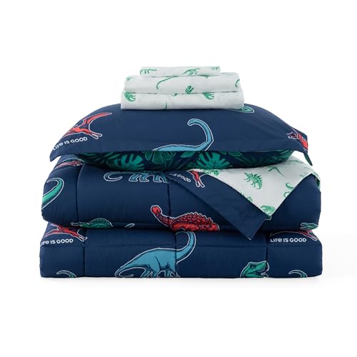 Berkshire LIG Printed Reversible Microfiber Comforter Set–7-Piece, Ultra Soft All-Season Bedding, Wrinkle & Fade Resistant, Full, Life was Good Dinos Navy - color: Life Was Good Dinos Navy, size: Full