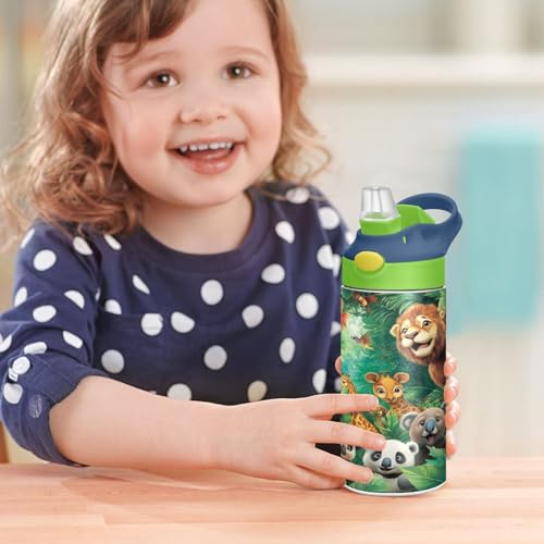 OTVEE Animal World Kids Water Bottle with Straw Lid 12 oz Insulated Stainless Steel Leakproof Duck Mouth Tumbler Cup for Boys Girls Teen School - color: Animal World