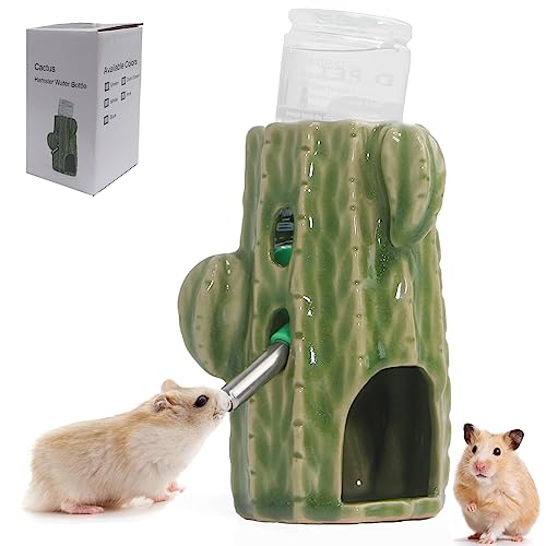 Adjustable No Drip Ceramic Hamster Water Bottle for Glass Tank | Green Cactus 2-In-1 80ML Free Standing Water Dispenser with Stable Hamster Hideout , Great for Dwarf Hamster, Mice, Rat
