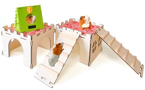 2PCS Guinea Pig Hideout,Large Wooden Guinea Pigs House with Stairs and Mats,Detachable Guinea Pig Castle Hide for Small Animals Hamster Chinchilla Ferret Habitats Accessories - size: 2 Houses