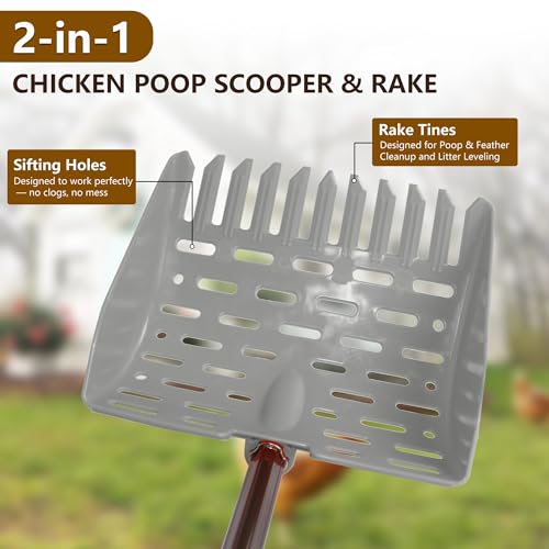 Chicken Dog Poop Scooper & Rake 2-in-1 Telescopic Chicken Litter Scoop for Chicken Coops & Small Farm Animals Sand Sifting Litter Shovel Gray - color: GRAY