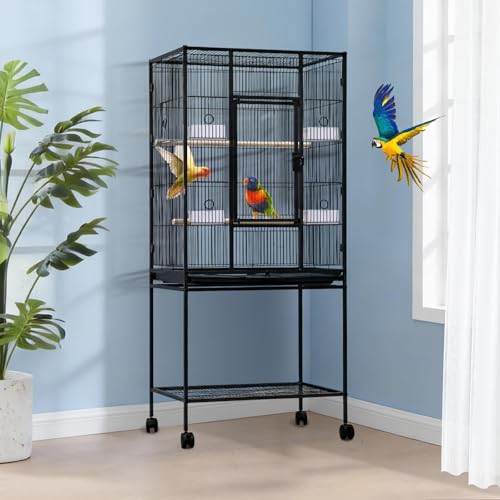 Spacious Flight Bird Cage with Rolling Stand & Storage Shelf - Durable Wrought Iron Parrot Home - Easy Clean, Ideal for Parakeets, Cockatiels, Conures, Lovebirds, Cockatoos - size: 34.1"L x 24.6"W x 4.7"H