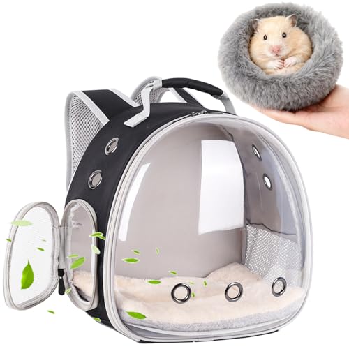 2-Pack Guinea Pig Backpack and Burrowing Bed, Portable Small Animal Cage with Bubble Clear Window, Plush and Fluffy Hideaway Pet Bed for Piggies, Hamster - color: Black