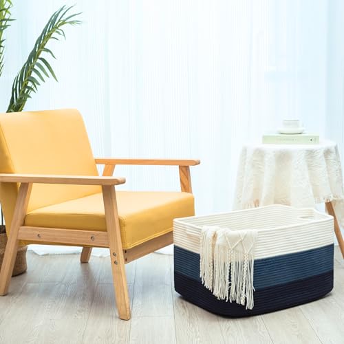 22in Extra Large Blanket Basket Holder Living Room, Rectangle Rope Woven Storage Basket with Handles for Laundry, Pool Towels, and Shoes, Dog Toy Organizer Bin Box, 3-Tone Blue - color: 3-Tone Blue