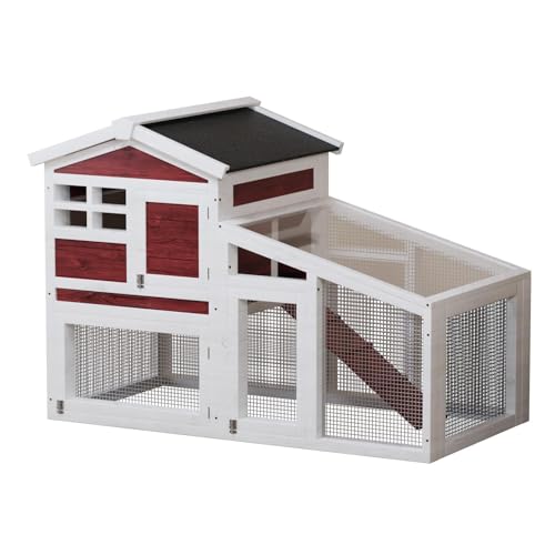 2-Tier Wooden Rabbit Hutch - 54" Indoor/Outdoor Bunny Cage with Weatherproof Asphalt Roof, Non-Slip Ramp & Removable Tray, for Rabbits Guinea Pigs Chickens Red - color: Rufous White