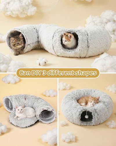 Cat Tunnel Bed with 20 Pcs Interactive Toys, 3-in-1 DIY Collapsible Plush Cat Tube with Washable Mat, Large Indoor Play Tunnel Cave for Kittens and Small Animals - color: Off-white