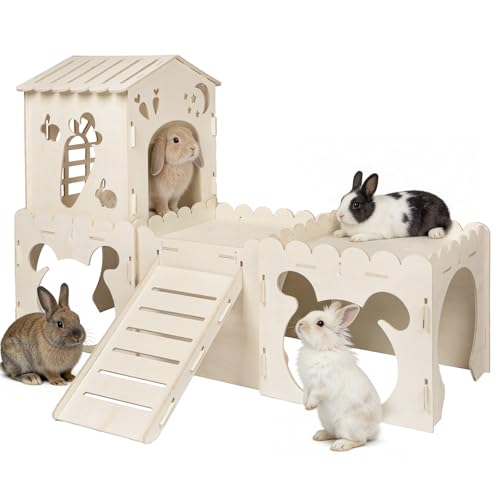 Large Rabbit House, Wooden Bunny Castle with 4 Houses Indoor, Rabbit Guinea Pig Cage Multistory Climbing Tower Sturdy Wooden Castle, Small Animal Hideaway Tunnel (4 Houses) - size: 4 Houses