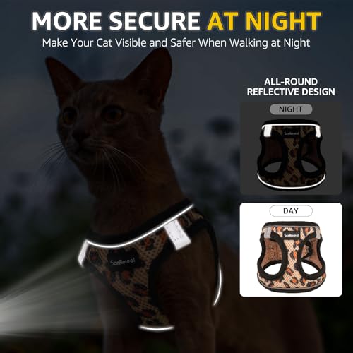SCENEREAL Cat Harness & Leash Set Escape Proof - Adjustable Air Mesh Vest with Reflective Strips for Kittens, Puppies, Rabbits, Khaki Leopard S - color: Khaki Leopard, size: Small(Fit Chest 11.3-12.5in)