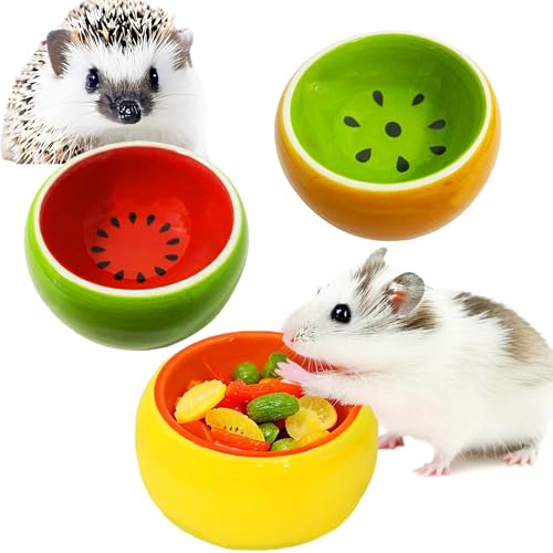 JSLZF Hamster Food Bowl Ceramic Small Gerbil Dish Prevent Chewing (3 PCS) | Small Animal Bowl for Rat and Ferret, Prevent Knocking Over and Food Splashing, Fruit Pattern, Easy to Clean