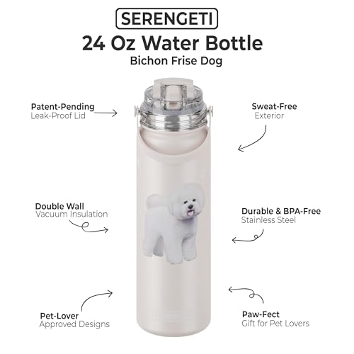 SERENGETI 24 Oz Water Bottle Stainless Steel with Spill Proof Lid - Double walled Vacuum Insulated water flask - Realistic 3D Print of your favorite dog (Bichon Frise) - color: Bichon Frise