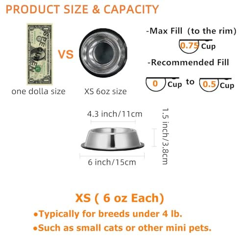 2 Pack Stainless Steel Dog Bowls with Rubber Bottom,Anti-Slip Heavy Duty Premium Quality Pets Feeder Bowls for Dogs and Cats and More (¾Cup / 6oz)