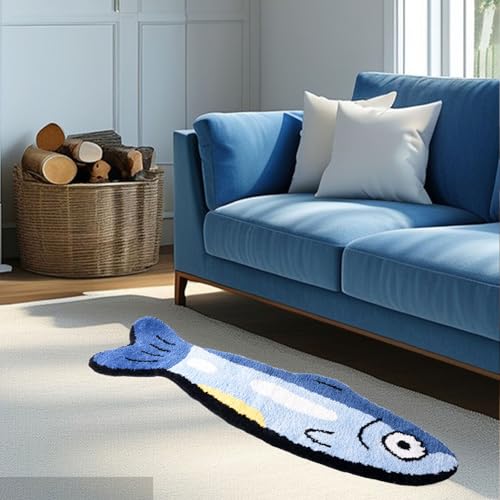 Fish Rug - Cute Fish Bath Mat Blue Bathroom Rugs Animal Pattern Fun Carpet, Non-Slip Plush Absorbent Bath Mats, Cool Carpet for Bedroom Living Room Shower Sink Bathtub Room Decor, 16"x 47"