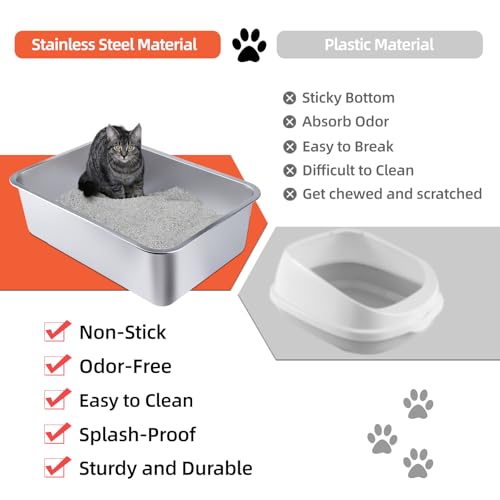 Stainless Steel Cat Litter Box - Small Litter Pan for Cats, Rabbits, and Pets, Non-Stick, Odor-Free, Easy to Clean, Splash-Proof, Sturdy and Durable(15.8" L x 11.8" W x 3.94" H) - size: 15.8" L x 11.8" W x 3.94" H