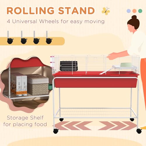 PawHut Two-Story Small Animal Cage Removable from Stand, Guinea Pig Cage with Shelf & Wheels, Pet Habitat for Hedgehog, Chinchilla, Ferret, 39" x 20.5" x 36.5", Red | Removable from Stand, Guinea Pig Cage, Pet Habitat for Hedgehog, Chinchilla, Ferret - co