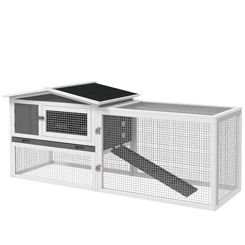 PawHut Rabbit Hutch 2-Story Bunny Cage, Guinea Pig Cage Indoor Outdoor, Small Animal House with Slide Out Tray, for Rabbits, Chickens, Ducks, 61.5" x 23" x 27", Light Gray | Bunny Cage, Guinea Pig Cage, Small Animal House, Slide Out Tray, for Rabbits Chic