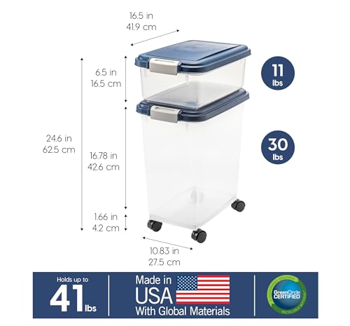IRIS USA Dog Food Storage Container, Up to 30+11 lbs, Navy, Made in USA | Wheels for Mobility, Airtight Seal, BPA-Free, Best for Bird Seed, Cat food, Cat Litter, Chicken Feed, Pellets