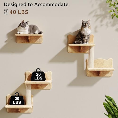 26-in-1 Cat Wall Shelves with Cat Tree, 40''L Tunnel, Moon, Beige | Wall Mounted Cats Furniture Set with Plush Fabric, Cat Climbing Systems for 16 Inch Drywall, with Scratching Posts, Bridge - color: Beige, size: 26-in-1