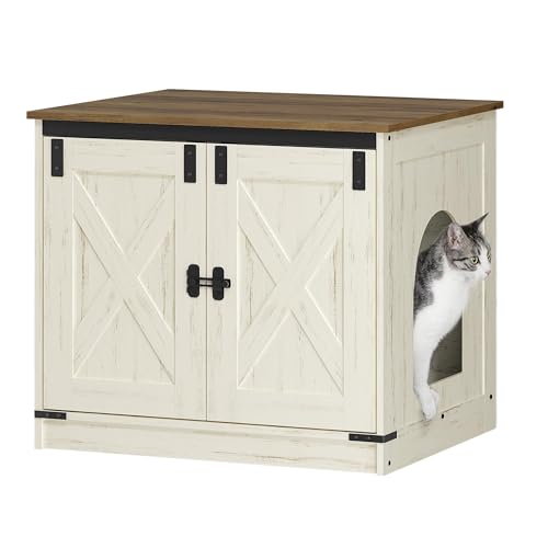 Hzuaneri Cat Litter Box Enclosure, Hidden Litter Box Furniture with Divider | Wooden Cat Cabinet with Removable Dividers, Reversible Entrance Left or Right Side, Cat Washroom, Rustic White Brown CB84514X - color: Rustic White and Brown, size: 23.6"L x 19.