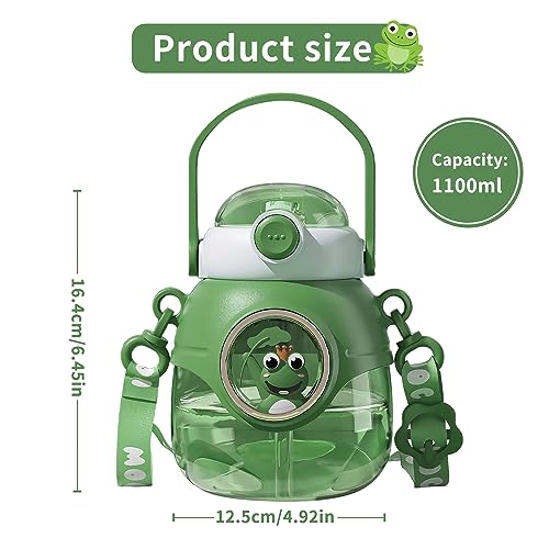 Water Bottle with Straw 37oz Kawaii Bottles with Adjustable Strap for Women,School Office Gifts,Cute Animal Theme Water Bottles - Green Frog - color: Green Frog