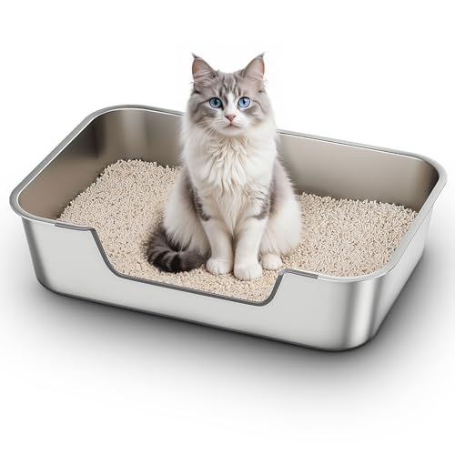 Qiuma XL Stainless Steel Cat Litter Box, Low Entry, 27.5 x 19.6 x 7.8in | 3.15in Low Entry for Kittens, Senior and Injured Cats; Premium Stainless Steel, Odor-Free, Non-Stick and Easy to Clean - size: 27.5"L×19.6"W×7.8"H