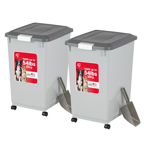IRIS USA Dog Food Storage Container, 2-Pack, Up to 54 lbs, Gray/Dark Gray | Made in the USA, Comes w/ Wheels & 2-Cup Scoop, Airtight Seal, BPA-Free, Bird Seed, Cat food, Cat Litter, Multi-Pet Household - color: Gray/Dark Gray, size: 54 lbs - 2 Pack