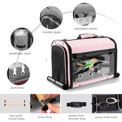 Sanmoncare Bird Carrier Bag Cockatiel Travel Cage with Stand, Lightweight Carrier for Small Bird, Portable Bag for Parrot, Pet Transparent Travel Backpack - color: Pink