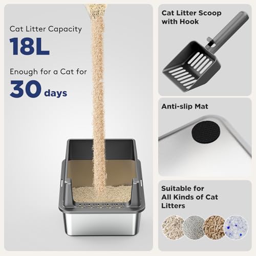 FURTIME 2 Pack Stainless Steel Cat Litter Box with Lid, Metal Kitty Litter Box for Small Cats, Kitten Litter Boxs with Non-Sticky, Anti-Leakage, Easy to Clean, 17"x13"x8.4" (Small) - color: Grey