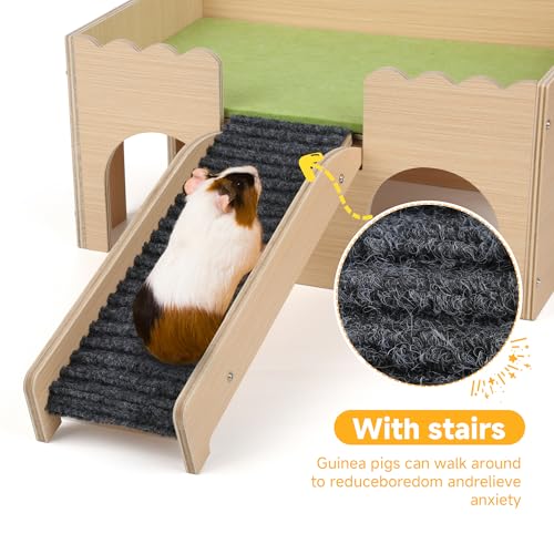 Wooden Guinea Pig Hideout Castle with Stairs,Small Animal Bed Hut Habitats Spacious 2-Level Detachable Small Pet House for Rabbits, Hamsters & Chinchillas Bunny (Green) - color: Green