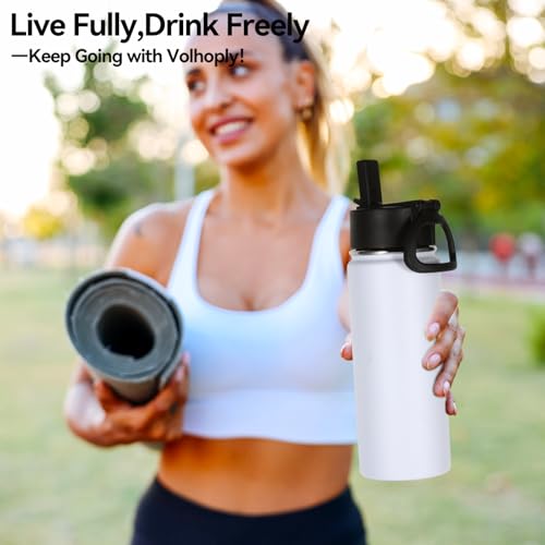 Volhoply 18oz Kids Insulated Water Bottle,Stainless Steel Water Bottles with Straw Lid,Wide Mouth Reusable Metal Water Bottle,Double Wall Vacuum Sports Travel Flask For Cold Drink(White,1 Set) - color: White