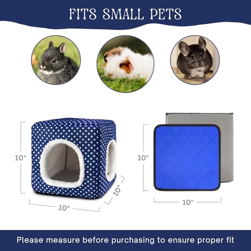 Guinea Pig Hideout with 2 Removable Mat, Two Entrances, Dwarf Rabbit Bed, Washable Bunny House, Small Pet Accessories Blue Dot - color: Blue