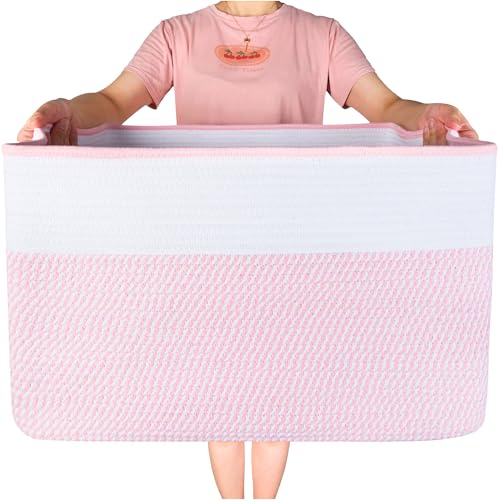 22in Extra Large Blanket Basket Holder Living Room, Rectangle Rope Woven Storage Basket with Handles for Laundry, Pool Towels, and Shoes, Dog Toy Organizer Bin Box, Light Pink - color: Light Pink