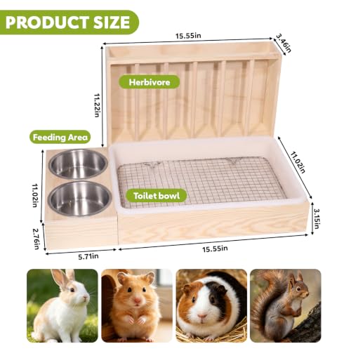 3-in-1 Rabbit Litter Box with Hay Feeder, Wooden Bunny Feeding Station | chew-resistant solid wood，deep litter box，Easy to Clean，for Guinea Pigs, Chinchillas, Hamsters, Ferret and Other Small Animal