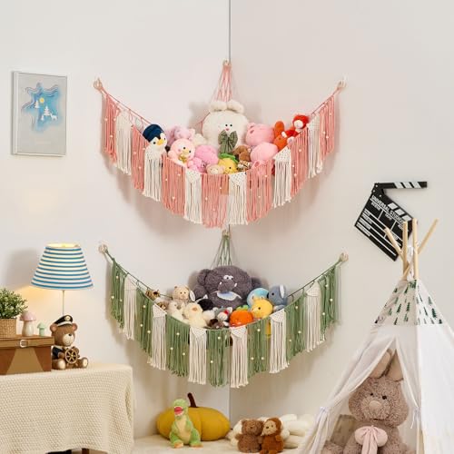Stuffed Animal Hammock with Weaving Tassels and Beads Leather Pink - color: Leather Pink
