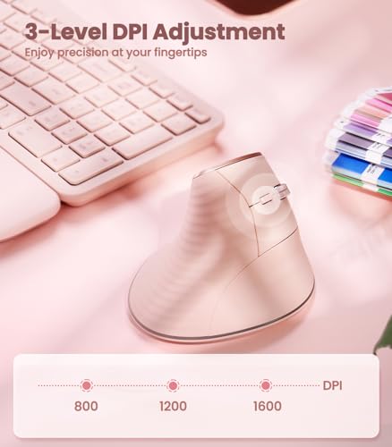 Nulea M510 Vertical Mouse Wireless, Ergonomic Mouse for Comfy Tracking, 3 Adjustable DPI (800-1200-1600), 2.4G Wireless Vertical Mouse with 6 Buttons, Compatible with Windows, Mac OS, Laptop, PC,Pink | 2.4G Rechargeable Mouse,Long Battery Life, Lightweigh