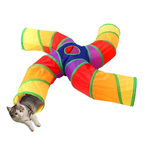 Pet Cat Tunnel, 4 Way Tunnels for Indoor Cats, Collapsible Pet Tunnel for Kitten, Puppy, Rabbit, 25cm-Wide Tunnels, Durable & Breathable, with Peek Hole Toy Ball - color: Angled 4-way Junction Tunnel & Rainbow