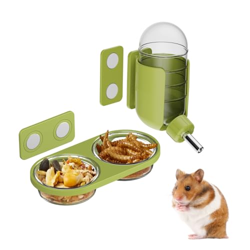 Magnetic Hamsters Feeding Set Freestanding Water Bottle Food Bowl for Glass Tanks, Suitable for Syrian Dwarf Hamsters Gerbils Mice Rats Degus (Green, Magnetic-Mounted) - color: Green