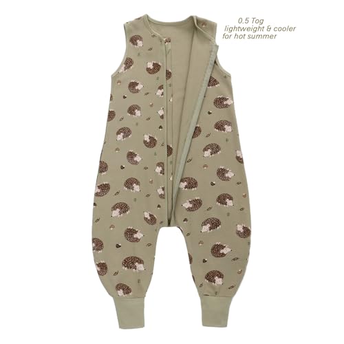 Miracle Baby Sleep Sack with Feet - 0.5 TOG 100% Breathable Cotton Wearable Blanket, Sleeveless Design Sleeping Bag for Baby - color: Green Hedgehog, size: 2-4 Years(L)