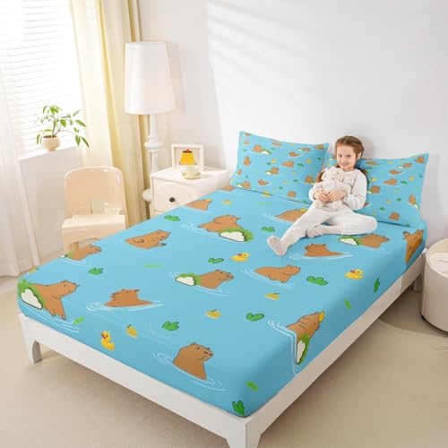 Erosebridal Cabybara Fitted Sheet Twin Size Funny Mouse Rodent Bedding Set Cartoon Animal Bed Sheets Kids Gifts for Capybara Lovers, Cute Kawaii Duck Sheets 2 Pieces with 1 Pillow Case - color: Multi 29, size: Twin (No Top/Flat Sheet)