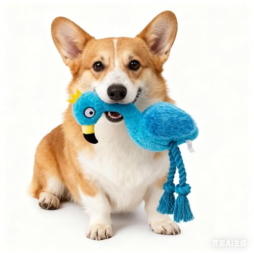 Flamingo Dog Toy, Squeaky Plush Rope Toy for Tug and Play | Fun sound stimulation for chewing, shaking and active play - color: Blue Flamingo