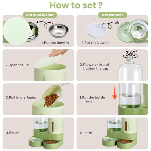 Automatic Cat Feeder Stainless Steel Water Dispenser Gravity Food Feeder and Waterer Set with Pet Food Bowl for Small Medium Kitten Puppy Pets Large Capacity(Green) - color: Green