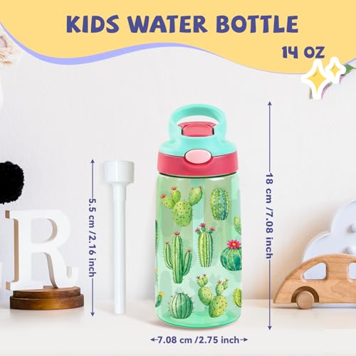 Kids Plastic Water Bottle - Cactus Gifts for Kids, 14oz Plastic Water Bottles with Straw Lid, Leakproof BPA-Free Cactus Water Bottle for Home Sports Travel, Pop-Up Straw Cover, Green - color: Cactus