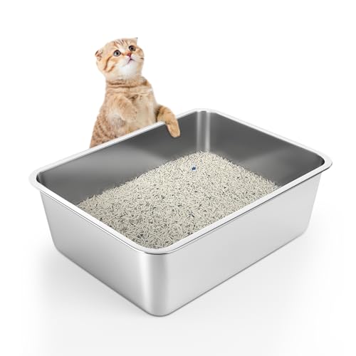 WENBOKMIN Stainless Steel Litter Box - Cat Litter Box Easy to Clean, Never Absorbs Odor, Stains, or Rusts - Silver (17.7" L x 13.5" W x 6" H) - size: 17.7" L x 13.5" W x 6" H