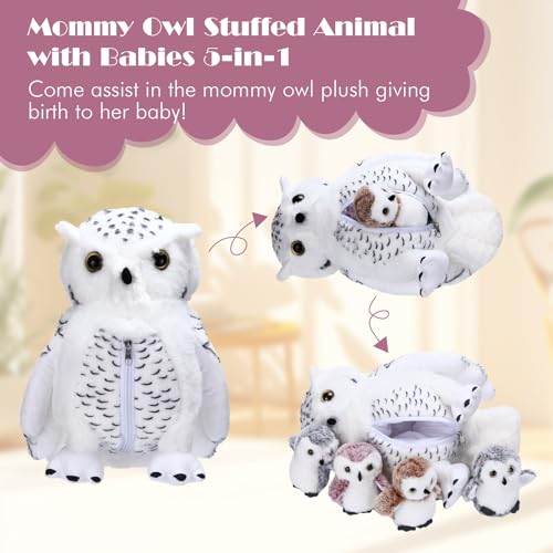 Hollowfly 5 Pcs Owls Plush Toy Gift Set 15.7" Mommy Snowy Owls with 4 Cute White Babies Stuffed Animal in Zippered Belly Nurturing Plushies Toy Set for Kid Adults Birthday Birthday Party Favors Gifts - style: Owls